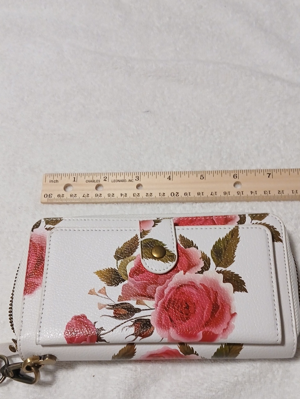 White Floral Zip-Around Wristlet Wallet and Phone Holder with Pink Roses